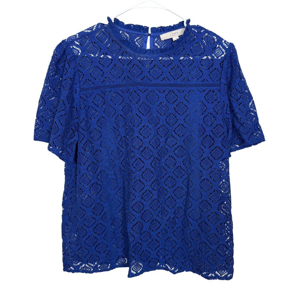 LOFT Blue Lace Short Sleeve Top Sheer Ruffle Collar Large